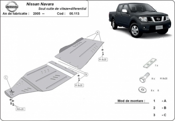 Steel gearbox skid plate for Nissan Navara D40