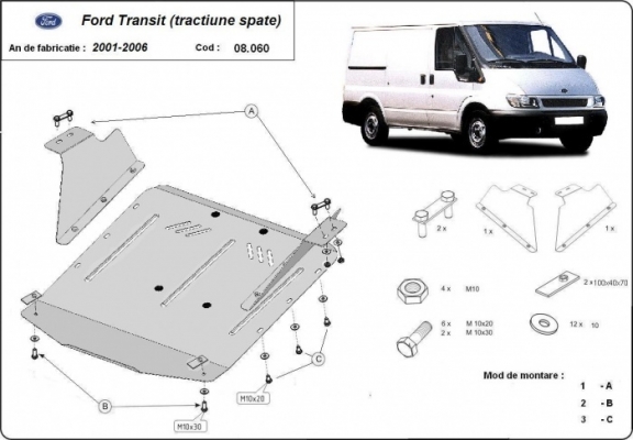 Steel skid plate for the protection of the engine and the gearbox for Ford Transit - RWD