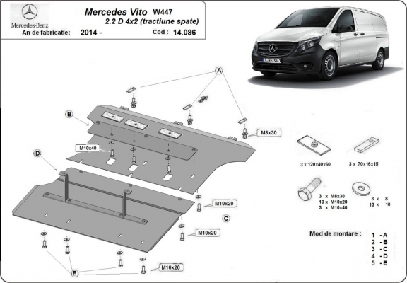 Steel skid plate for the protection of the engine and the gearbox for Mercedes Vito W447 - 4X2 