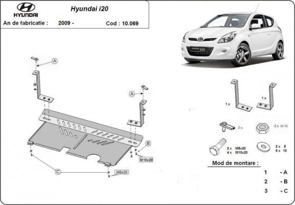 Steel skid plate for the protection of the engine and the gearbox for Hyundai i 20