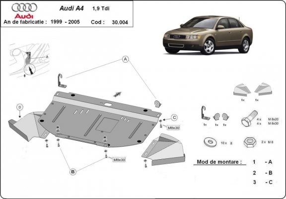 Steel skid plate for Audi A4  B6, 1.9 Tdi