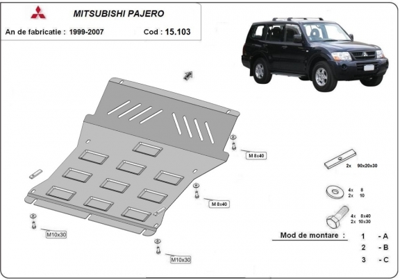 Steel skid plate for the protection of the engine and the radiator for Mitsubishi Pajero 3 (V60, V70) Vers. 2.0