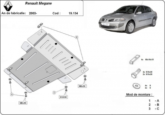 Steel skid plate for Renault Megane 2