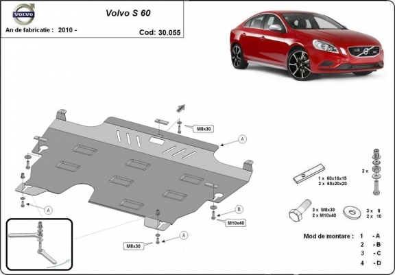 Steel skid plate for the protection of the engine and the gearbox for Volvo S60
