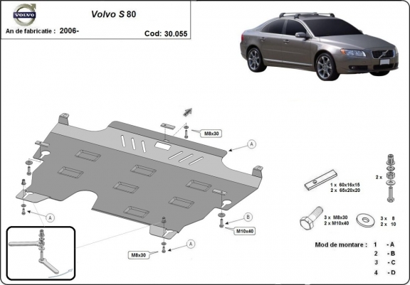 Steel skid plate for the protection of the engine and the gearbox for Volvo S80