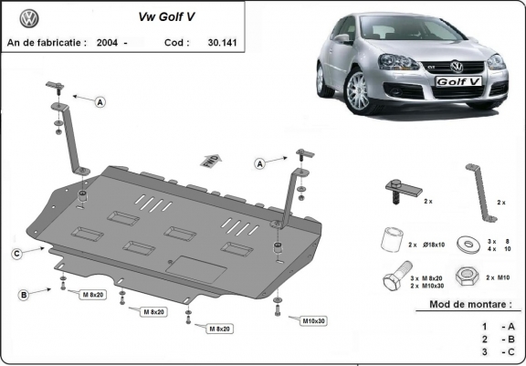 Steel skid plate for Vw golf mk5