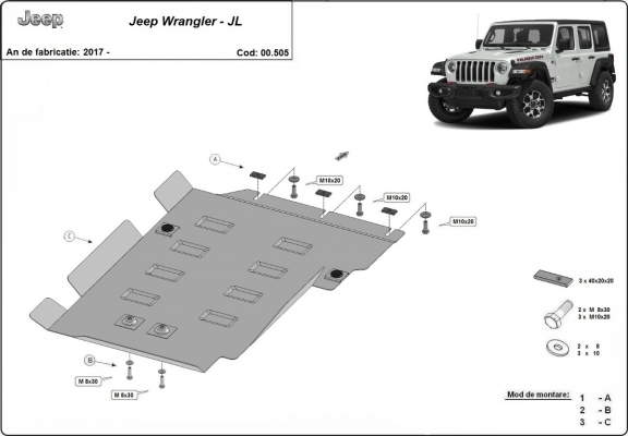 Steel gearbox skid plate for Jeep Wrangler - JL