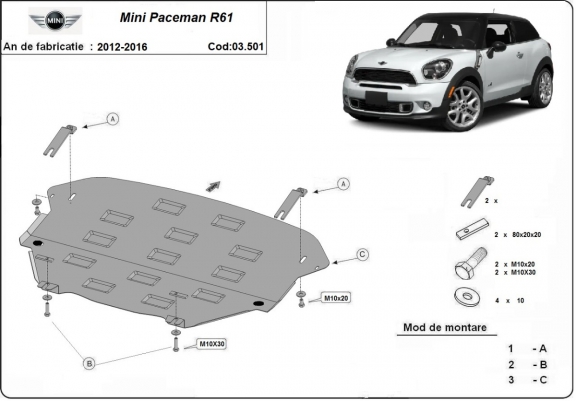Steel skid plate for the protection of the engine and the gearbox for Mini Paceman R61