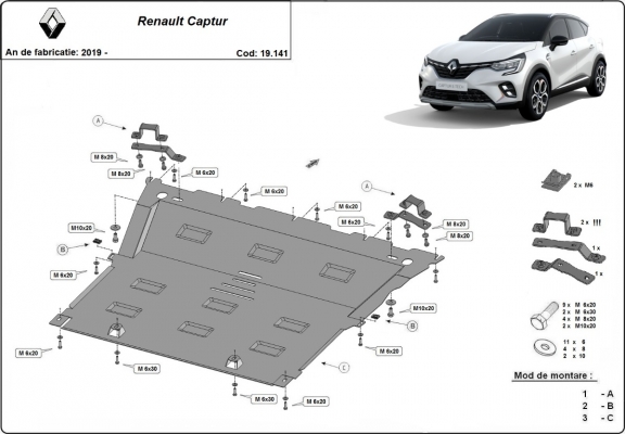 Steel skid plate for Renault Captur