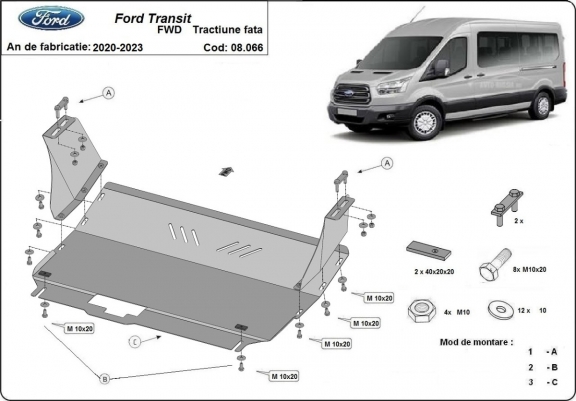 Steel skid plate for Ford Transit- FWD