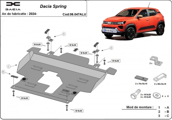 Aluminium skid plate for Dacia Spring