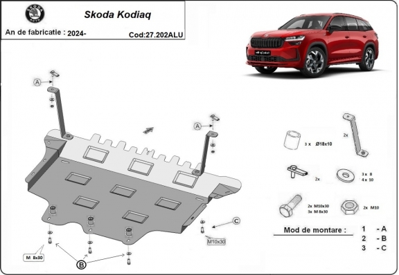 Aluminum skid plate for Skoda Kodiaq
