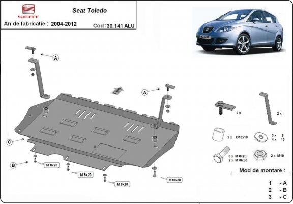 Aluminum skid plate for Seat Toledo 3