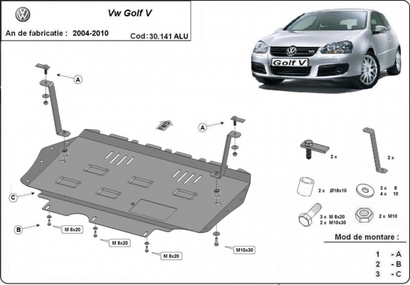 Aluminum skid plate for Vw golf mk5
