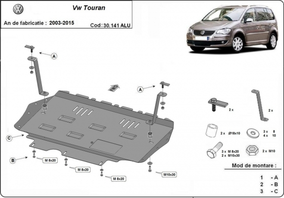 Aluminum skid plate for Volkswagen Touran