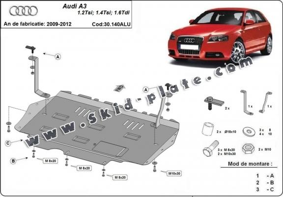 Aluminum skid plate for the protection of the engine and the gearbox for Audi A3