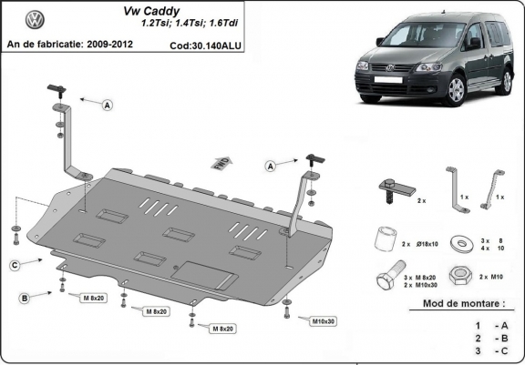Aluminum skid plate for Volkswagen Caddy