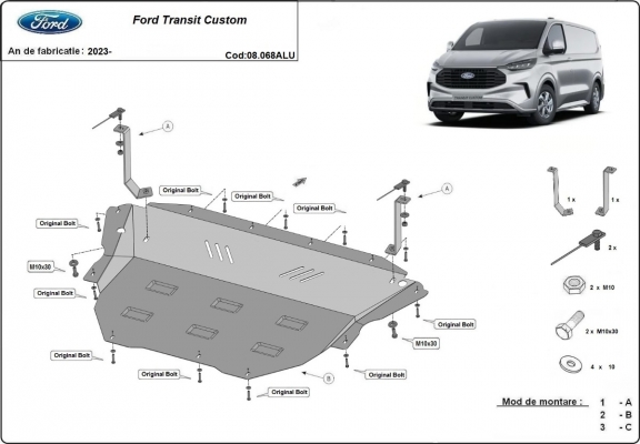 Aluminum skid plate for the protection of the engine and the gearbox for Ford Transit Custom