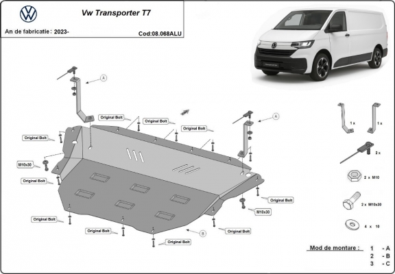 Aluminum skid plate for Volkswagen Transporter T7 Van