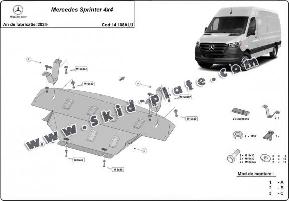 Aluminum skid plate for the protection of the engine and the gearbox for Mercedes Sprinter 907 4x4
