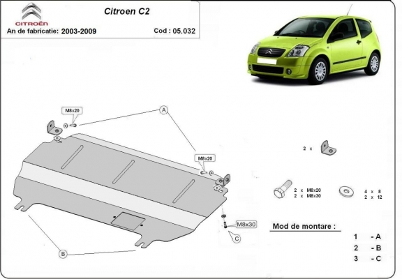 Steel skid plate for Citroen C2
