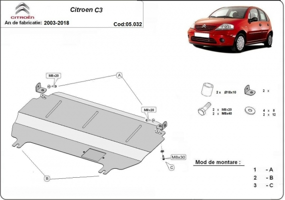 Steel skid plate for Citroen C3