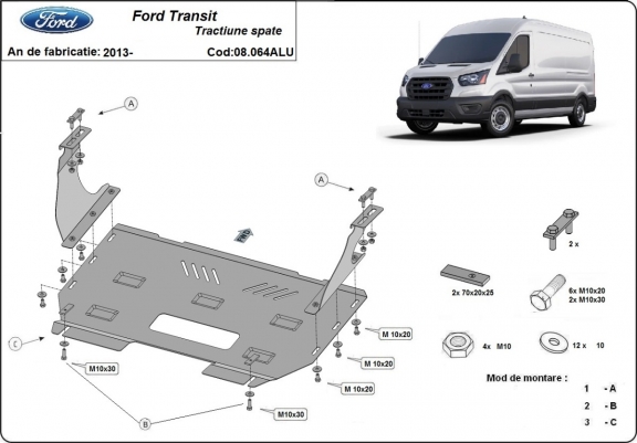 Aluminum skid plate for Ford Transit RWD