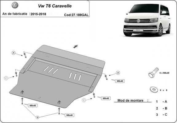 Galvanized steel skid plate for Volkswagen Transporter T6 Caravelle