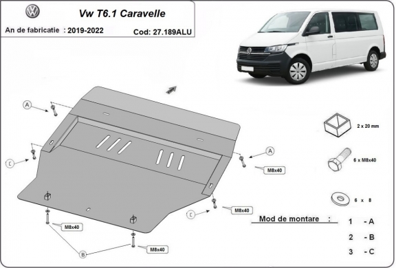 Aluminum skid plate for Volkswagen Transporter T6.1 Caravelle