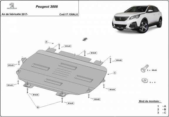 Aluminium skid plate for Peugeot 3008