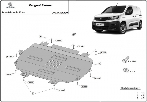 Aluminium skid plate for Peugeot Partner