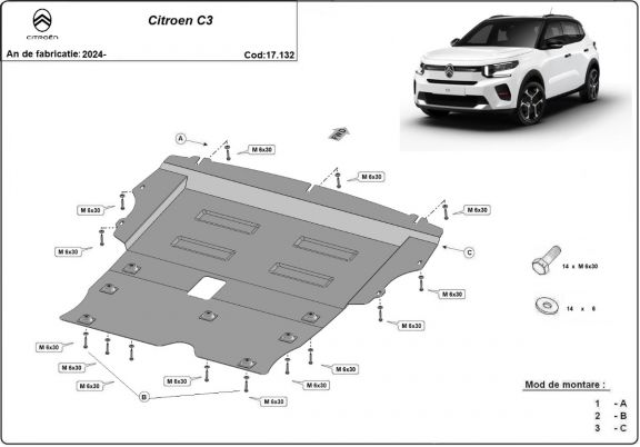 Steel skid plate for the protection of the engine and the gearbox for Citroen C3