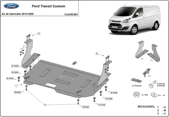 Steel skid plate for the protection of the engine and the gearbox for Ford Transit Custom