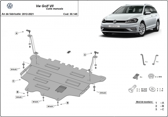 Steel skid plate for the protection of the engine and the gearbox for VW Golf 7 - manual gearbox