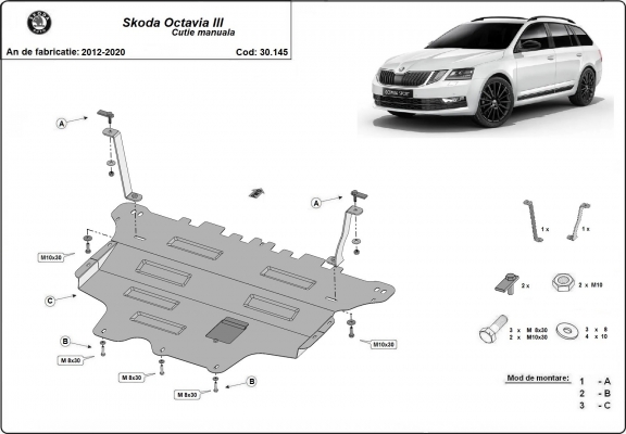 Steel skid plate for the protection of the engine and the gearbox for Skoda Octavia 3 - manual gearbox