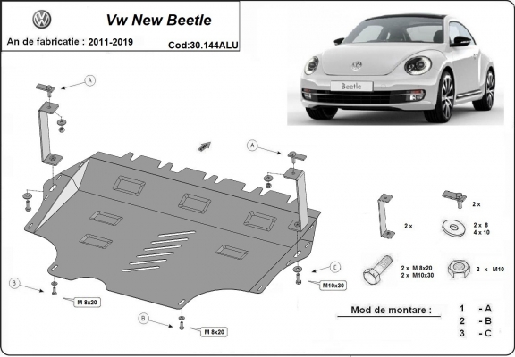 Aluminum skid plate for Volkswagen New Beetle