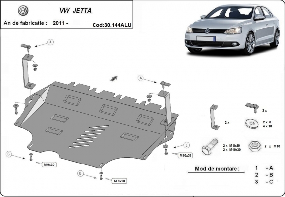 Aluminum skid plate for VW Jetta