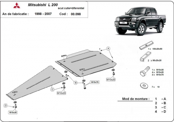 Steel gearbox and differential skid plate for Mitsubishi L 200