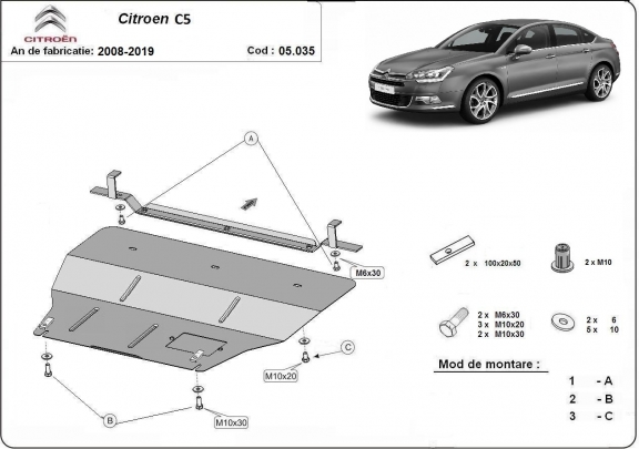 Steel skid plate for citroen C5