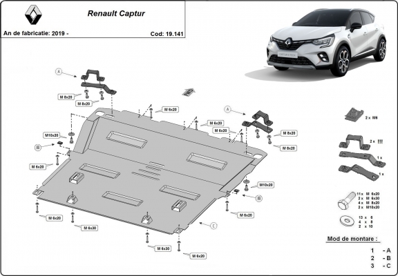 Steel skid plate for Renault Captur