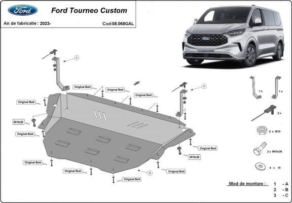 Galvanized steel skid plate for Ford Tourneo Custom