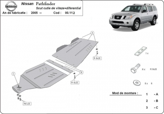 Steel gearbox and differential skid plate for Nissan Pathfinder