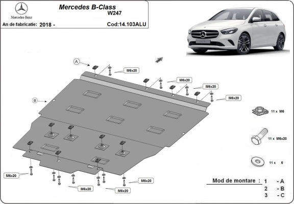 Aluminum skid plate for Mercedes B-Classe