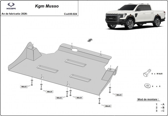 Steel gearbox skid plate for KGM Musso