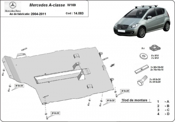 Steel skid plate for the protection of the engine, gearbox and differential for Mercedes A-Class W169