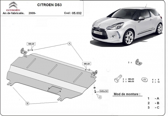 Steel skid plate for Citroen DS3