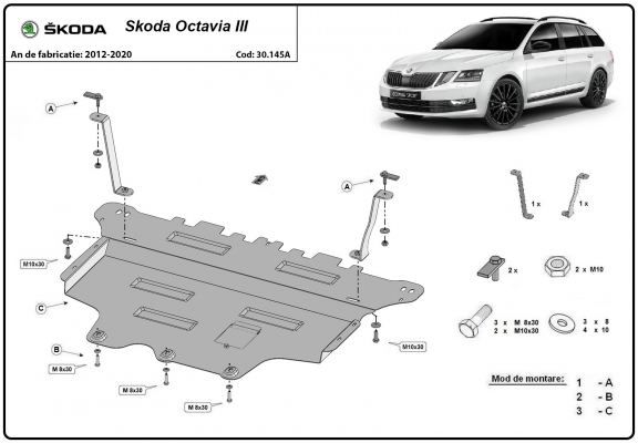 Steel skid plate for the protection of the engine and the gearbox for Skoda Octavia 3 