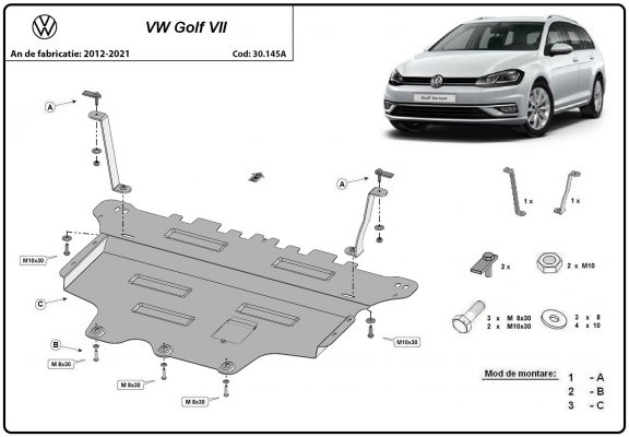 Steel skid plate for the protection of the engine and the gearbox for VW Golf 7 