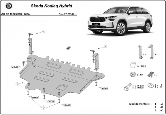Aluminum skid plate for Skoda Kodiaq Hybrid