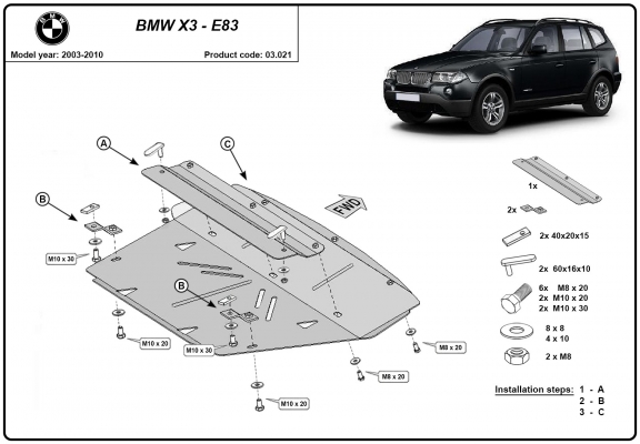 Steel radiator skid plate for BMW X3 E83
